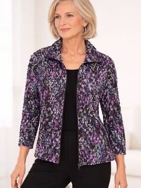 Draper’s & Damon’s Petite Large Textured Zip Jacket Purple Black Stretch